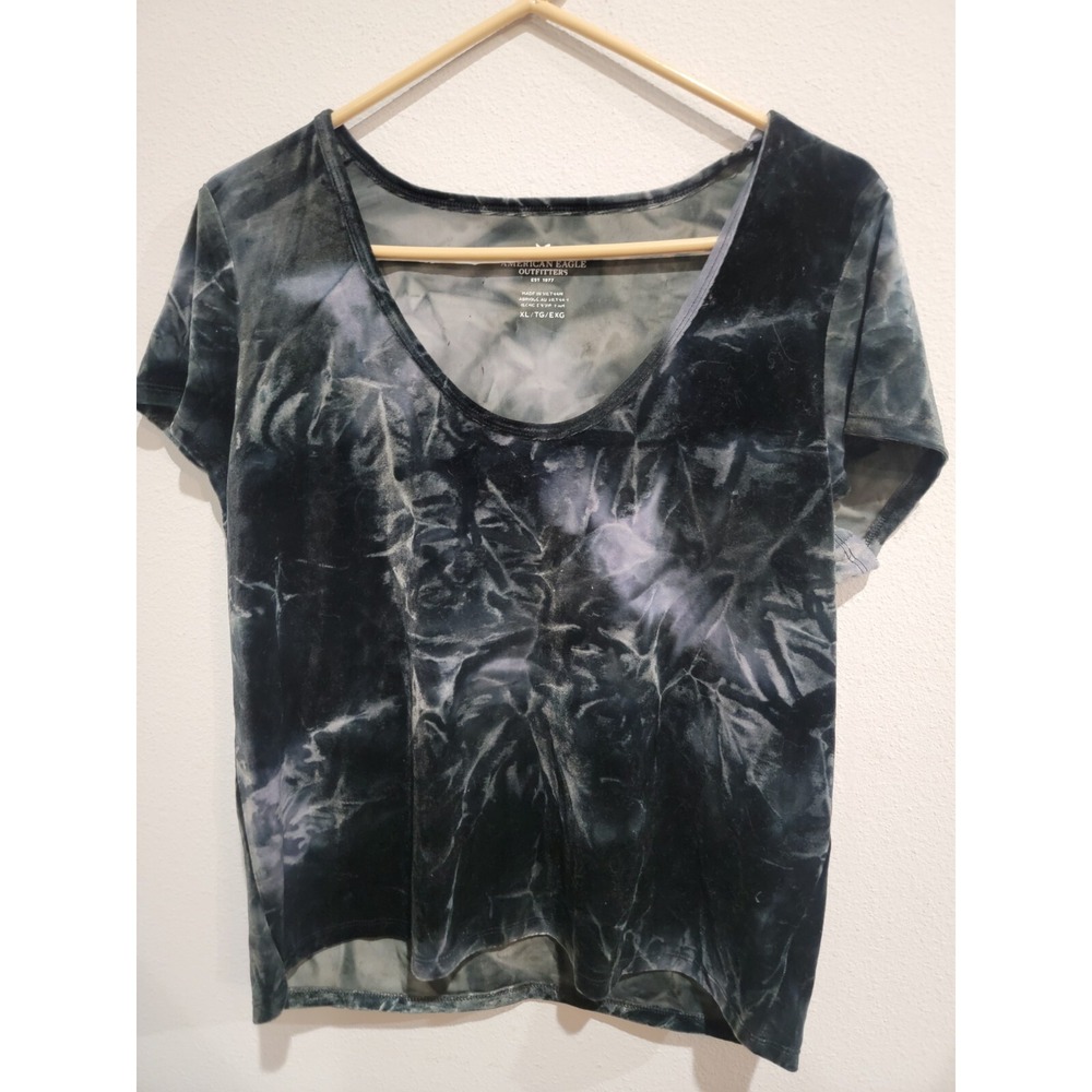 American Eagle Velvet Feel Top Blue Scoop‎ Neck Semi Cropped 90s Y2K Sz. XL